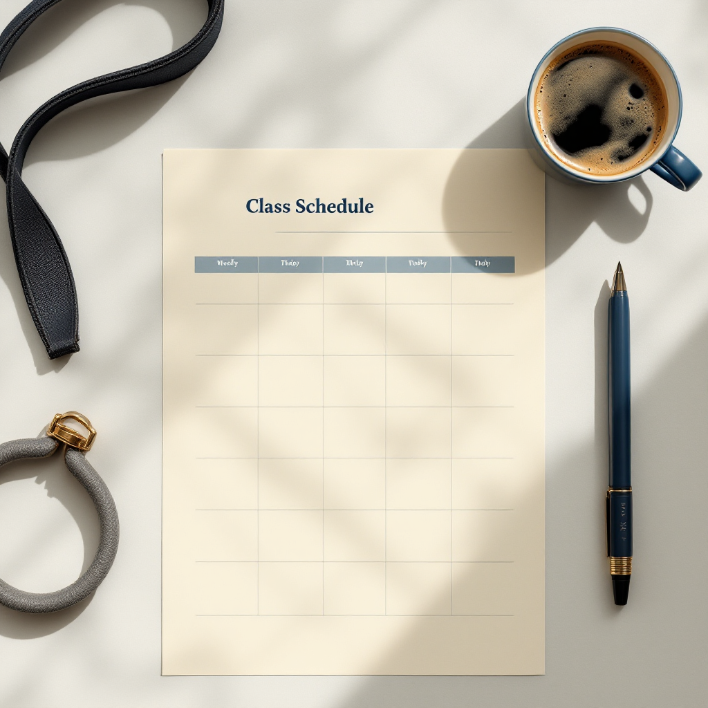 Weekly class schedule on cream paper